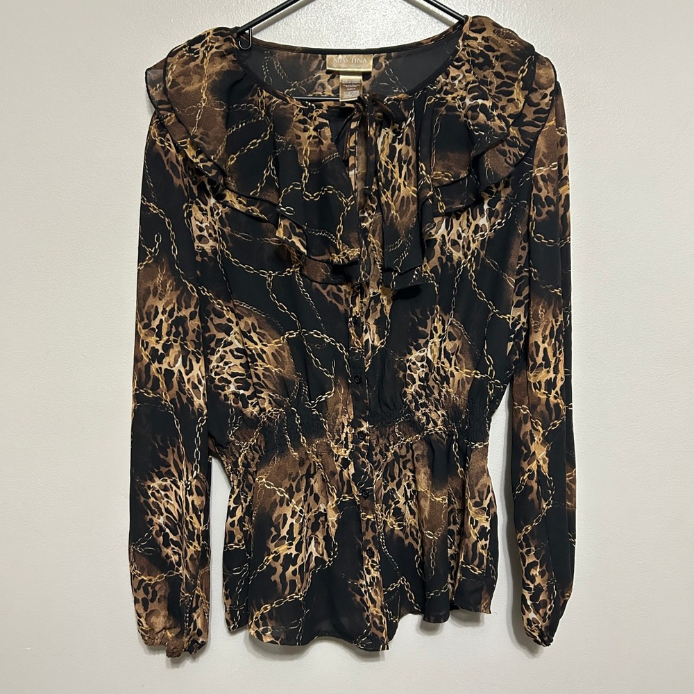 Miss Tina Blouse L Brown Leopard Chain Ruffle Smocked Peplum Buttons Y2k Flaw